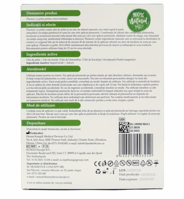 Plasturi cu pelin pentru zona lombara Augama 6 buc/cutie